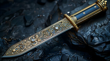 Ornate Gold and Black Dagger with Gems - Illustration