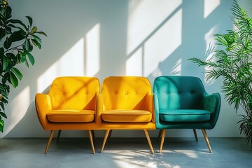 Colorful retro chairs in bright mid-century modern living room