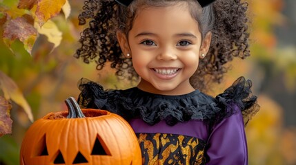 A cheerful young girl in a colorful Halloween costume poses with a carved pumpkin, embodying the joy and excitement of the Halloween season with an adorable smile.