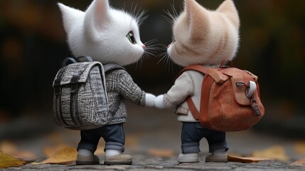 Two adorable kittens dressed in miniature backpacks are depicted holding hands, symbolizing friendship, innocence, and companionship, displayed on an outdoor path with fall leaves.