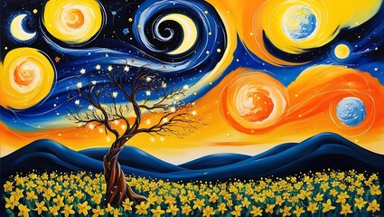 Wall Mural - Vibrant Night Sky Over Blossoming Tree: Abstract Starry Landscape in Deep Blue and Gold.