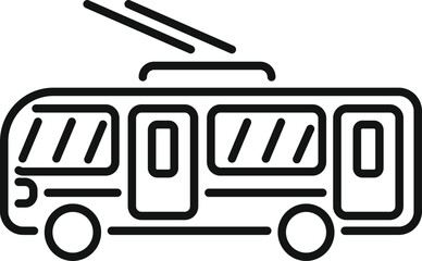 Poster - Trolleybus moving through city streets, urban electric transport line icon, outline vector sign, linear style pictogram isolated on white