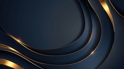 Wall Mural - Luxury abstract curved gold shape on dark blue background. AI generated image