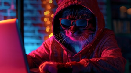 A cool cat in a hoodie and sunglasses using a laptop in a vibrant, colorful setting.