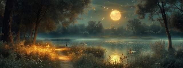 Canvas Print - A tranquil night at the lakeside with glowing fireflies and a full moon illuminating the serene landscape