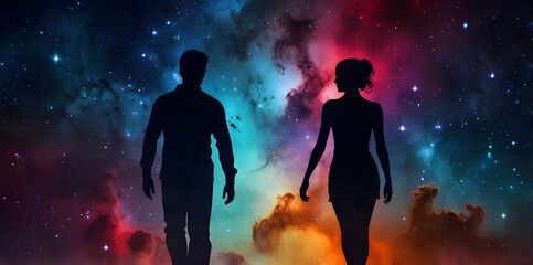 Spiritual representation of the silhouette of a couple of man and woman on a nebula background. Generative Ai illustration.