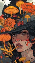 Wall Mural - A woman with dark hair, wearing a black hat decorated with orange flowers and mushrooms, stares intensely at the viewer.