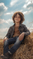 Wall Mural - Happy Preteens Sitting on a Haybale