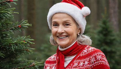 Wall Mural - Senior woman enjoying Christmas festivities in the forest