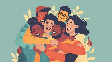 A joyful group of six friends embracing each other, celebrating together with smiles and a vibrant background.