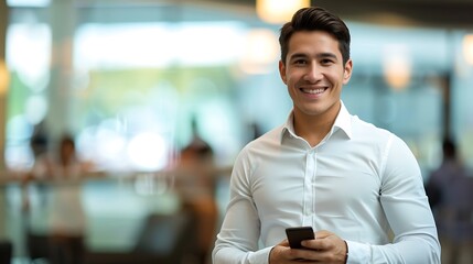 A smiling man in a white shirt holding a smartphone in a bright, modern environment.