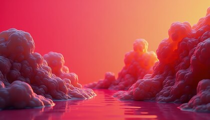 A surreal landscape with vibrant pink and orange skies reflecting on a tranquil water surface, surrounded by fluffy clouds, perfect for imaginative visuals.