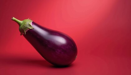 A fresh, vibrant eggplant posed against a bold red background, perfect for culinary, healthy eating, or food industry promotions.