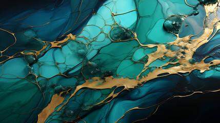 Wall Mural - astarte.ai: Emerald Green and Gold Abstract Fluid Art