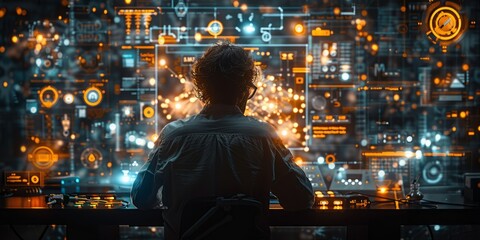 Scientist working on a futuristic digital interface with multiple data visualizations and holographic elements, symbolizing advanced research and technology