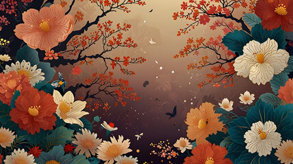 Wall Mural - a colorful background with flowers and traditional japanese patterns generative ai