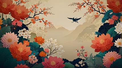 Wall Mural - a colorful background with flowers and traditional japanese patterns generative ai