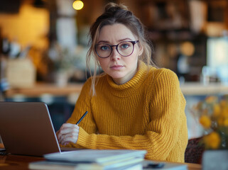 Canvas Print - A young woman wearing glasses is sitting at the desk, holding an open pen and writing on her laptop computer in front of her. 