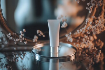 Poster - A tube of cream stands on a shiny base, surrounded by delicate flowers and a mirror, illuminated by soft, ambient lighting. Generative AI
