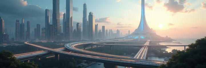 A stunning futuristic cityscape at dawn, showcasing towering skyscrapers and intricate roadways, perfect for technology, architecture, and urban development projects.