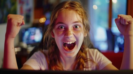 Beautiful teenage girl excitedly playing games on computer. AI generated image