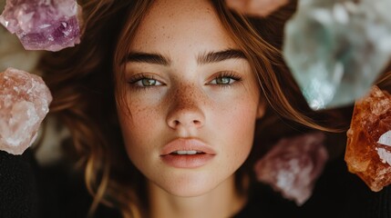 A close-up shot of a young woman's freckled face, looking straight into the camera, amidst an array of vibrant and colorful crystals, exuding a sense of serenity and mystery.