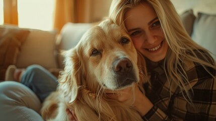 Beautiful happy blonde woman hugging cute dog sitting on sofa in apartment. AI generated image