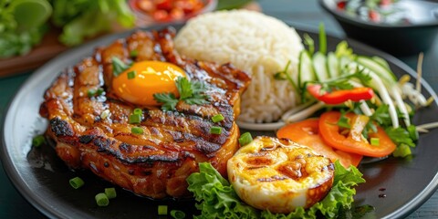 Poster - Delicious broken rice with egg pie and BBQ pork chop on a plate Vietnamese cuisine dish Com Tam