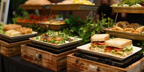 Corporate event morning tea food platters featuring self serve sandwiches salad and bread displayed on plates and wooden boxes