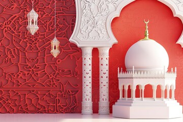 Carmine islamic ornament wallpaper desktop with white realistic mosque and islamic lantern floating on top 