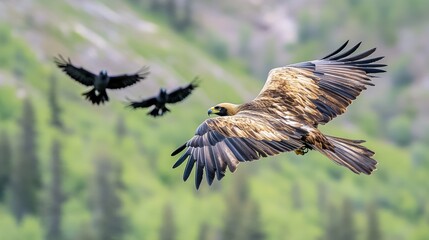 Poster - A bird flying in the air with two other birds following, AI