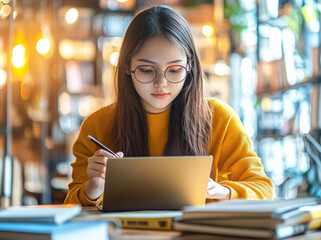 Poster - A young woman wearing glasses is sitting at the desk, holding an open pen and writing on her laptop computer in front of her. 