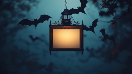 Wall Mural - illuminated lantern with bat silhouettes in a foggy forest