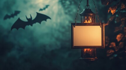 Wall Mural - glowing lantern with blank sign in a dark forest