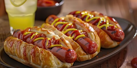 Poster - Savory and luxurious hot dogs topped with ketchup and mustard, paired with flaky puff pastry and a cool lemonade.