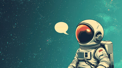 Wall Mural - Cute Astronaut is standing on a rocky surface with bubble speech..