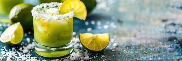 Wall Mural - Avocado and Lime Margarita Shot with Salt, a classic refreshing sweet and sour cocktail ideal for festive celebrations.