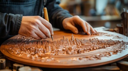 Craftsman carefully etching a detailed cityscape onto a copper board, hands steady, the gleam of the metal reflecting the light