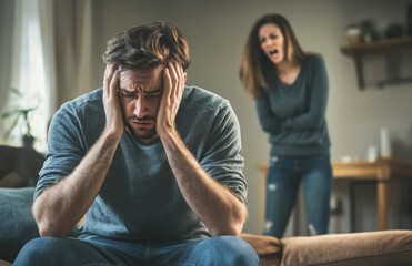 Canvas Print - A man sits on the sofa, wincing in pain, as his wife shouts at him