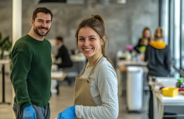 Sticker - A group of professional cleaning team members are working in an office, smiling and looking at the camera