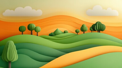 Canvas Print - A paper cut out of a landscape with trees and hills, AI