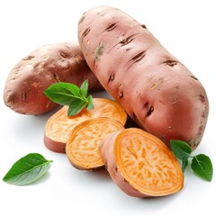 Wall Mural - A pile of potatoes with cut side facing up, sliced carrot, leaves,