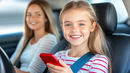 Sticker - A young girl sitting in a car with her mother, AI