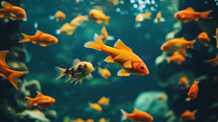 Poster - Goldfish swimming in a turquoise aquarium