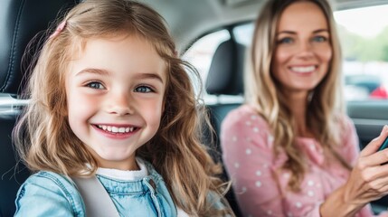 Sticker - A woman and child in car smiling while using cell phone, AI