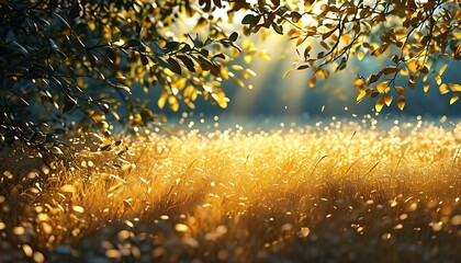 Sticker - Soft sunlight shines through the leaves on the golden grassland, creating a peaceful and dreamy natural scene.