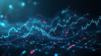 Digital growth graph chart on technology map. Abstract business analysis and stock market concept. Low poly wireframe vector illustration on dark background in futuristic light blue hologram style.