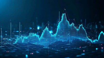 Poster - Digital growth graph chart on technology map. Abstract business analysis and stock market concept. Low poly wireframe vector illustration on dark background in futuristic light blue hologram style.