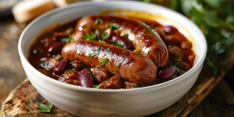 Braised Sausages and Red Beans in Tomato Sauce Presented in a Light-Colored Bowl