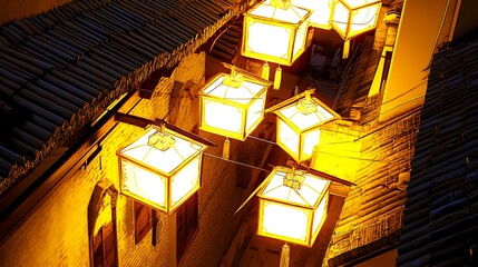 Poster - Golden Lanterns Hanging from a Building's Roof